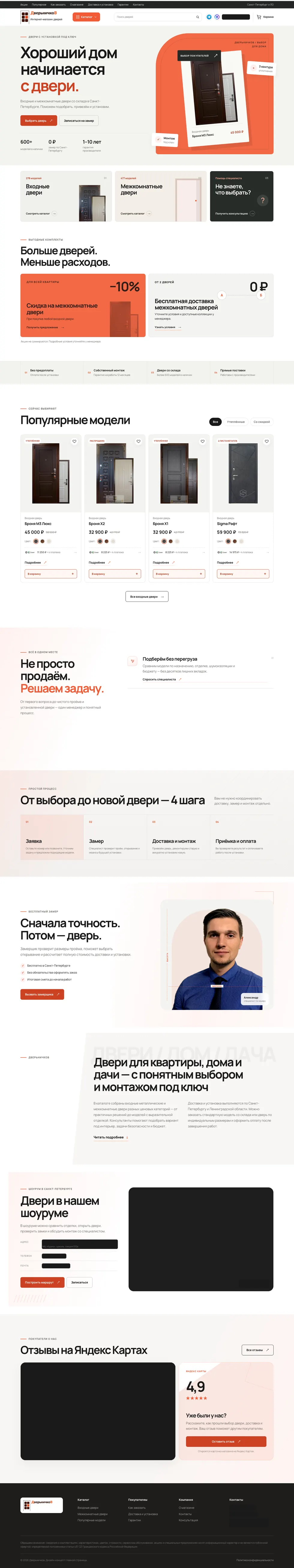 Главная тестового сайта: крупный заголовок, кнопки выбора и замера, карточки входных и межкомнатных дверей.